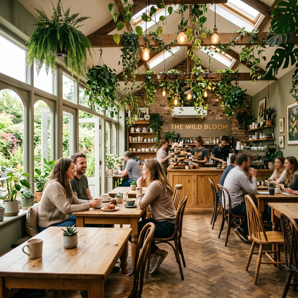 Interior del café con plantas colgantes y luz natural