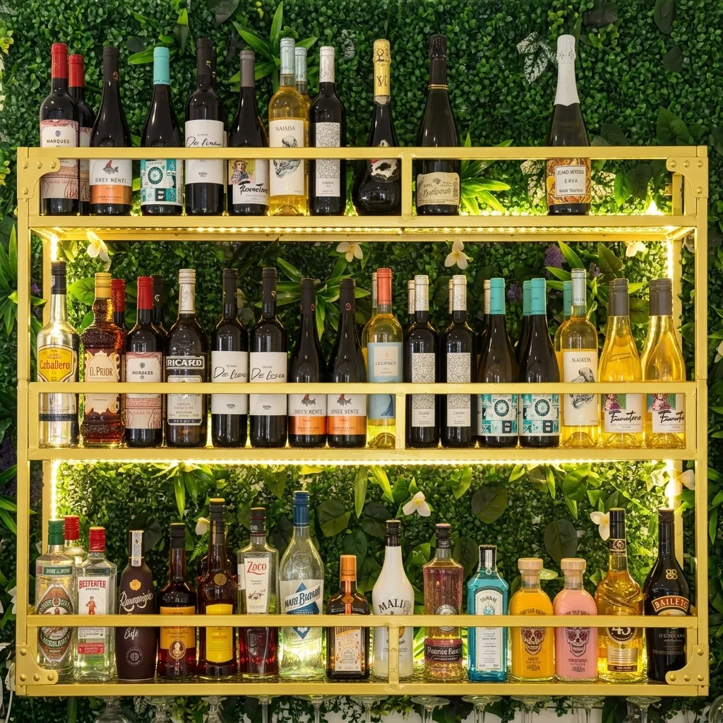 Estantería dorada con vinos y licores sobre una pared vegetal