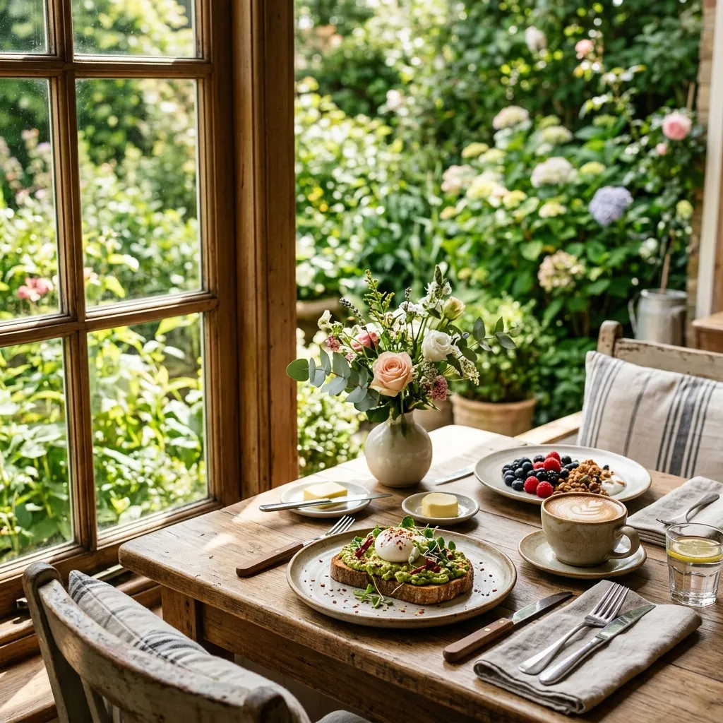 Mesa de brunch junto a la ventana con flores y plantas