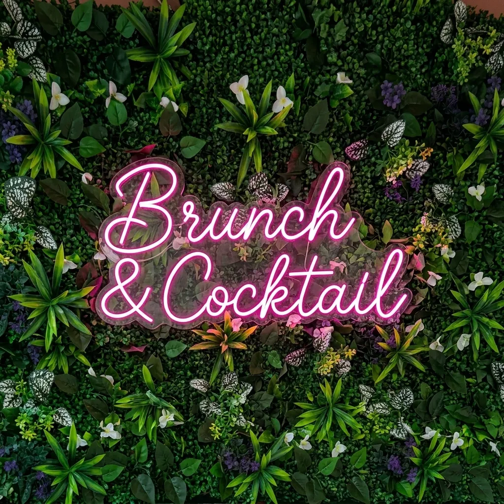 Neón rosa “Brunch & Cocktail” sobre una pared de plantas naturales en Little Garden Brunch