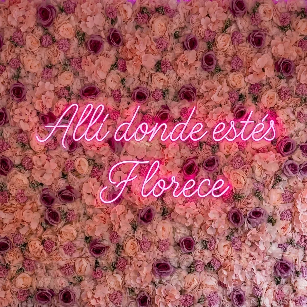 Neón rosa “Allí donde estés, florece” sobre una pared de flores del local